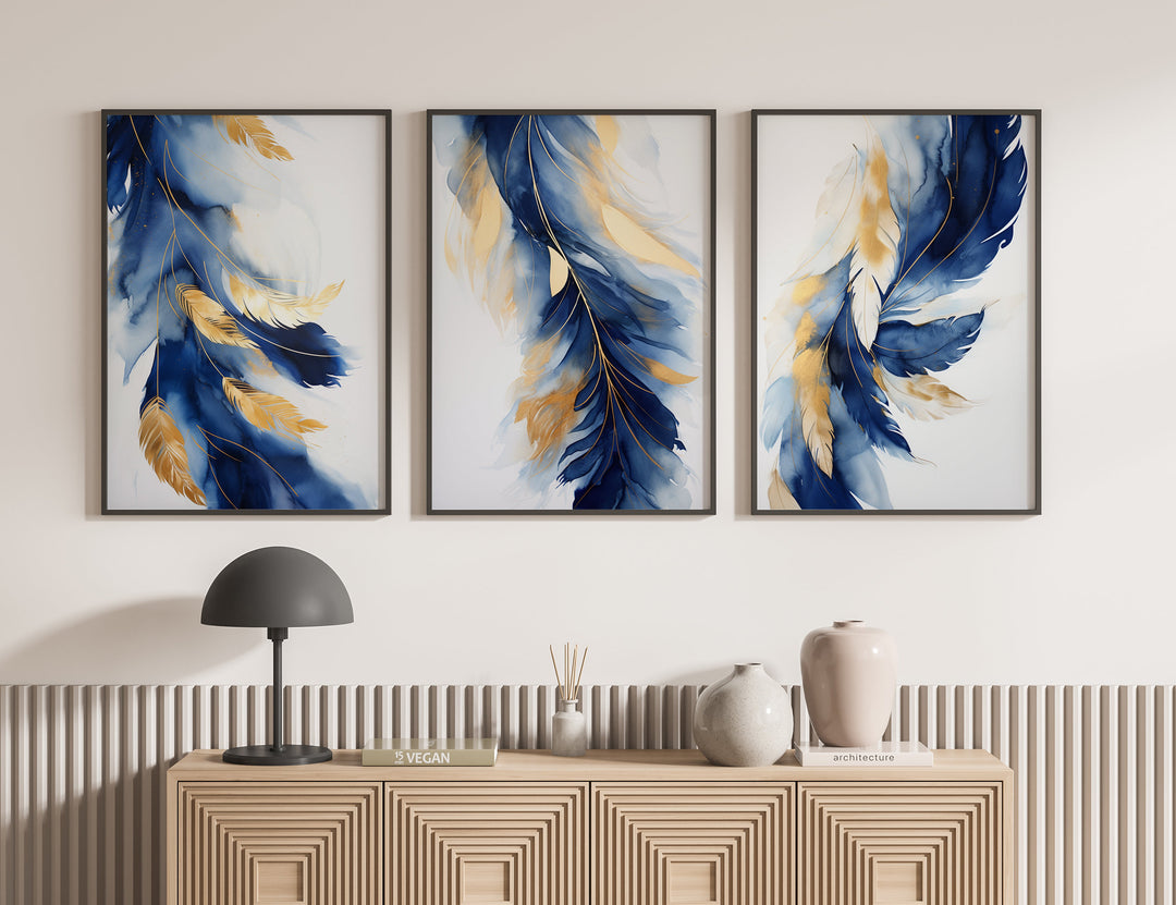 Navy Blue & Gold Feather Wall Art | Set of 3 Navy Blue Room Decor | Floral Art