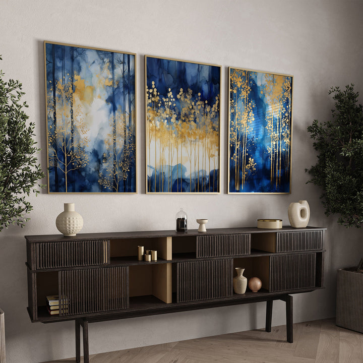 Set of 3 Navy Blue & Gold Wall Art | Forest Theme Navy Blue Wall Art Prints