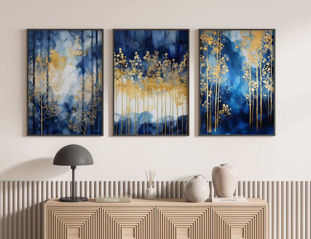 Set of 3 Navy Blue & Gold Wall Art | Forest Theme Navy Blue Wall Art Prints