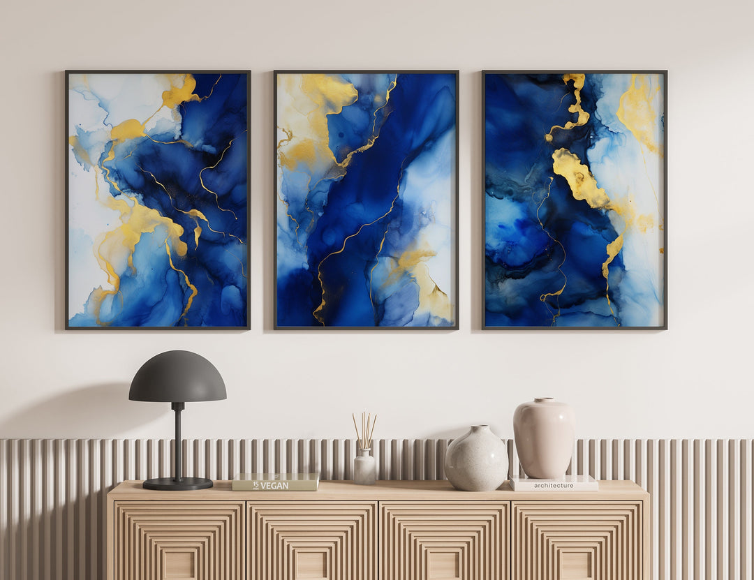 Set of 3 Navy Blue & Gold Wall Art | Watercolor Night Edition | Navy Blue Wall Art Prints