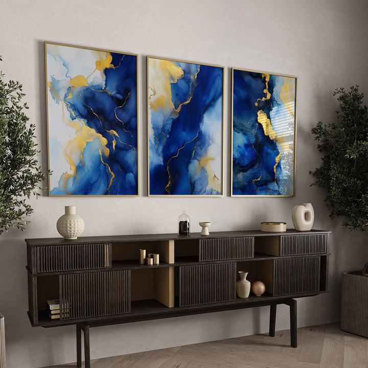 Set of 3 Navy Blue & Gold Wall Art | Watercolor Night Edition | Navy Blue Wall Art Prints