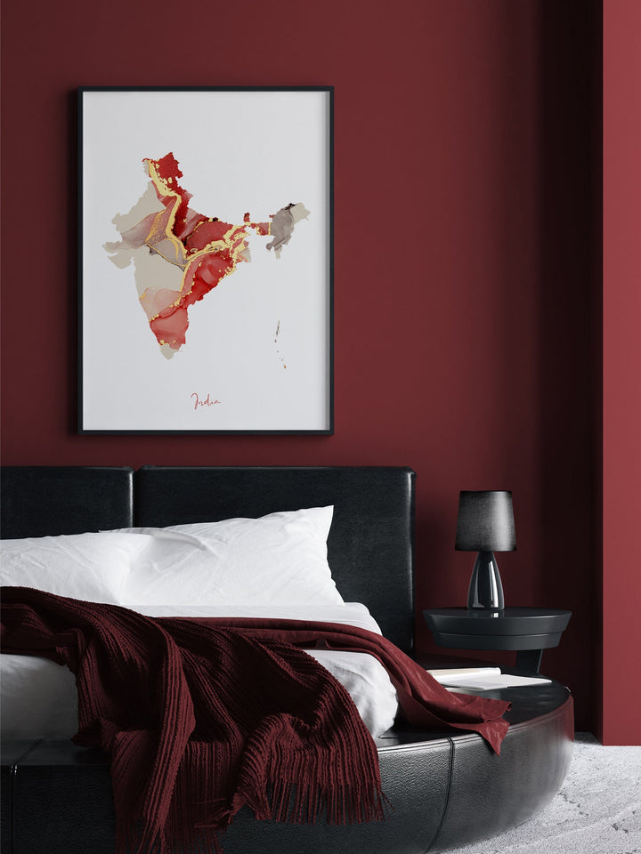 India Map Red & Gold Wall Art Print | Maroon Wall Art