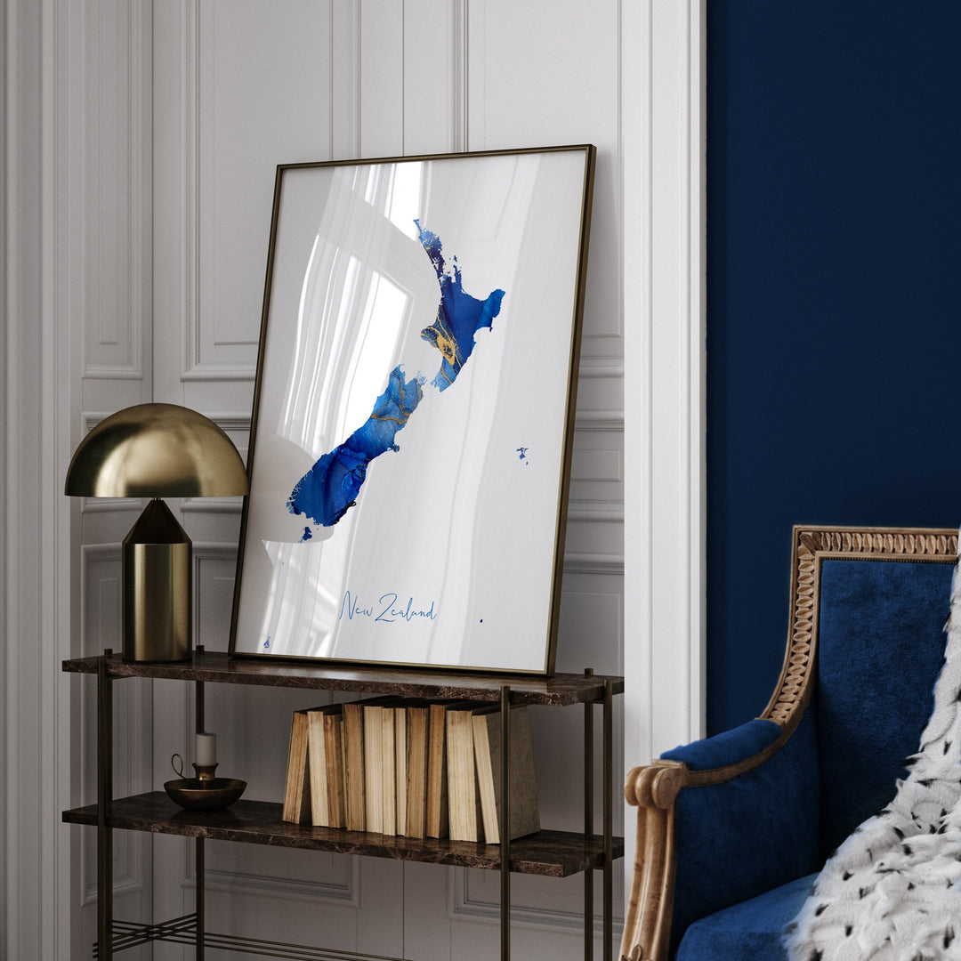 New Zealand Map Blue and Gold Wall Art Print