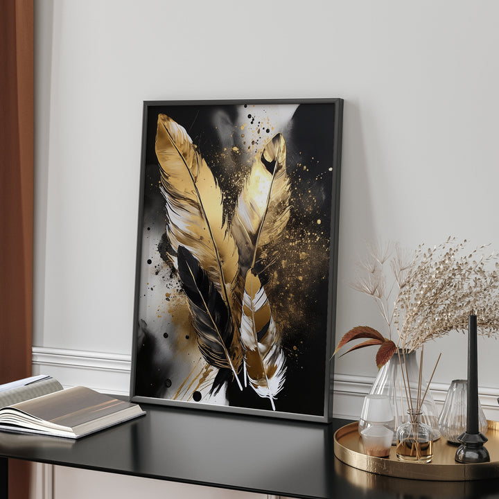 Black & Gold Feathers Wall Art Print | Black and Gold Wall Art