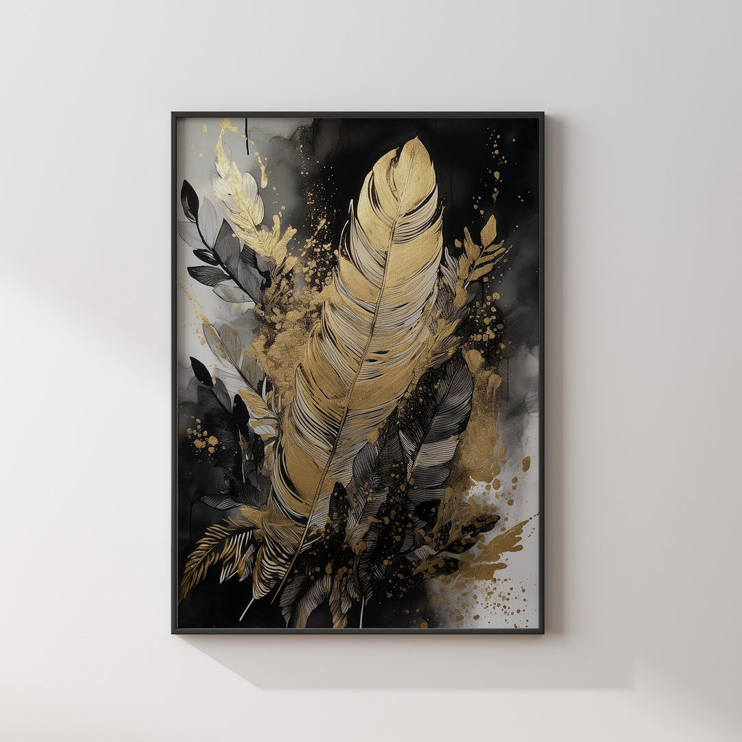 Black & Gold Wall Art Print | Feathers | Floral | Black and Gold Prints