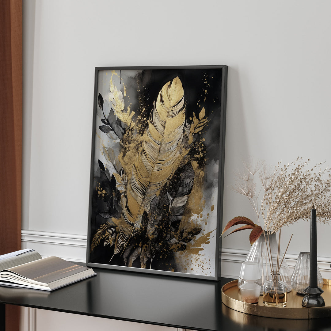 Black & Gold Wall Art Print | Feathers | Floral | Black and Gold Prints