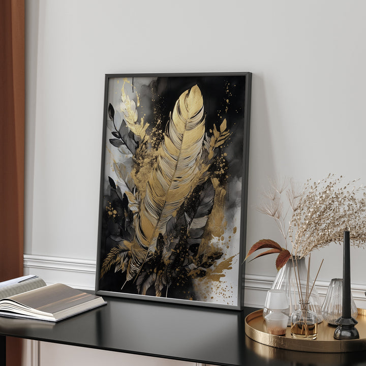 Black & Gold Wall Art Print | Feathers | Floral | Black and Gold Prints