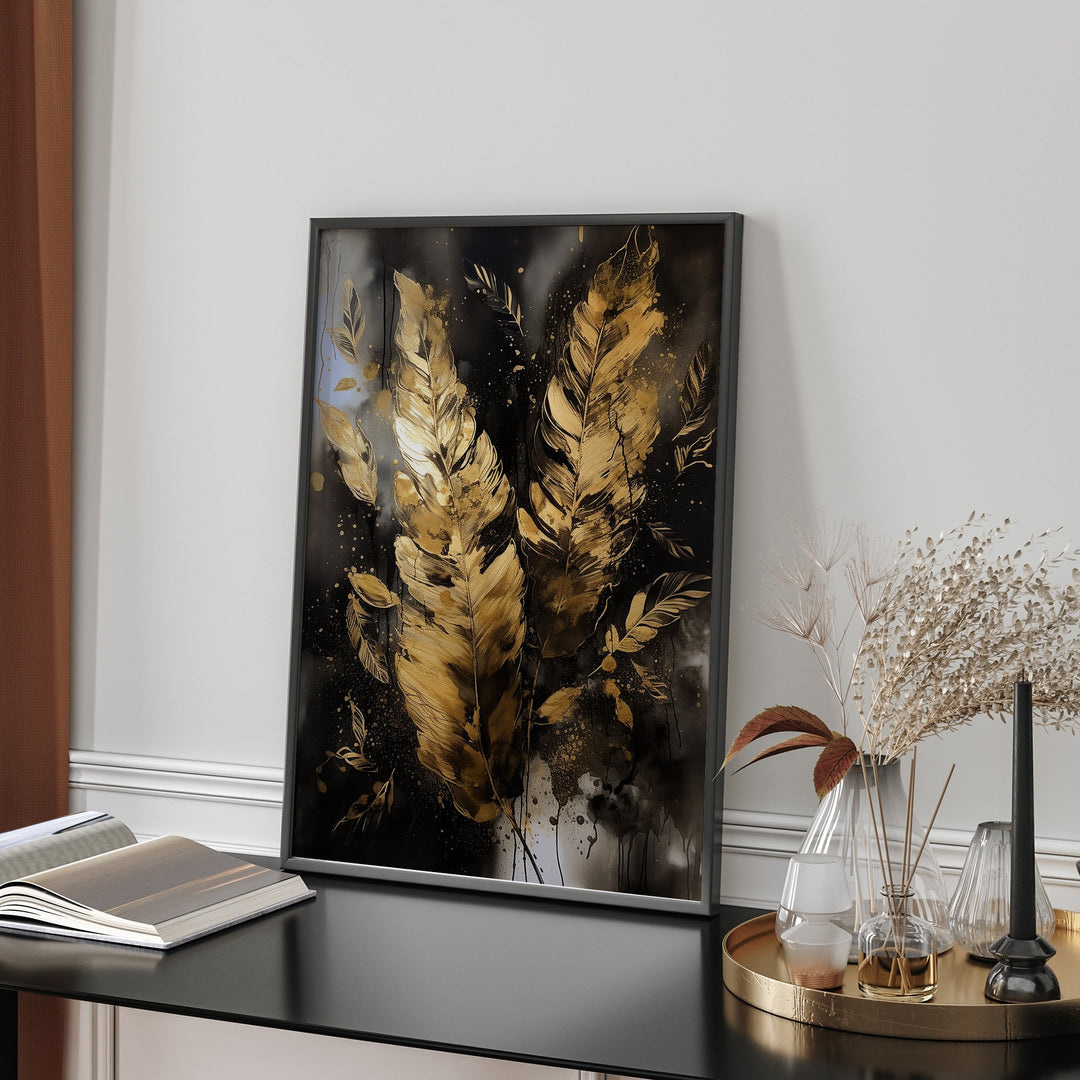 Black & Gold Wall Art Print | Feathers | Floral | Black and Gold Prints