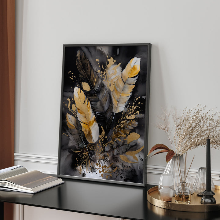 Black & Gold Wall Art Print | Feathers | Floral | Black and Gold Prints