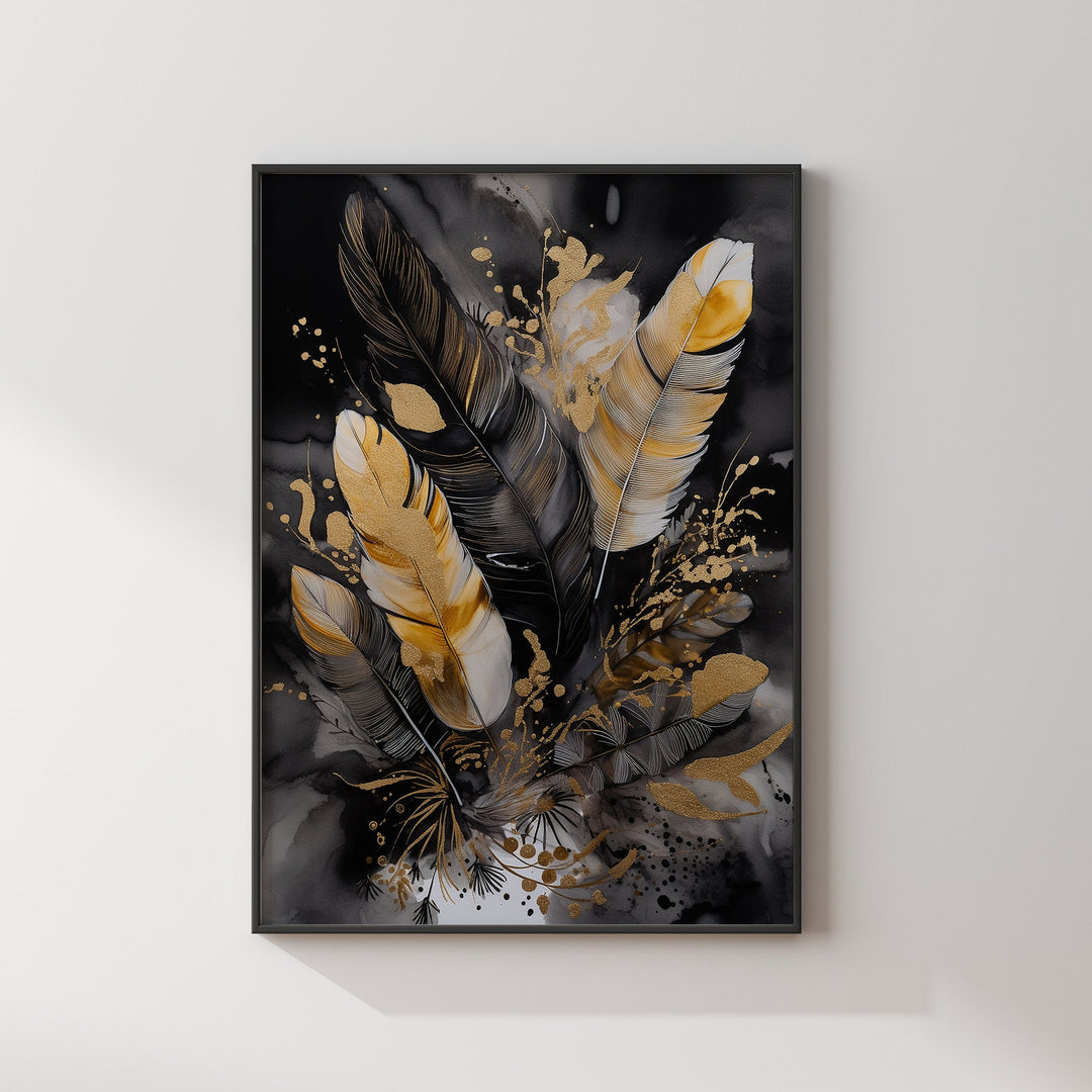 Black & Gold Wall Art Print | Feathers | Floral | Black and Gold Prints