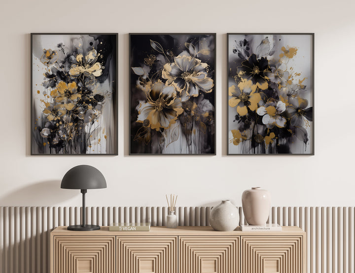 Set of 3 Black & Gold Wall Art | Flowers Theme | Floral Wall Art | Rose