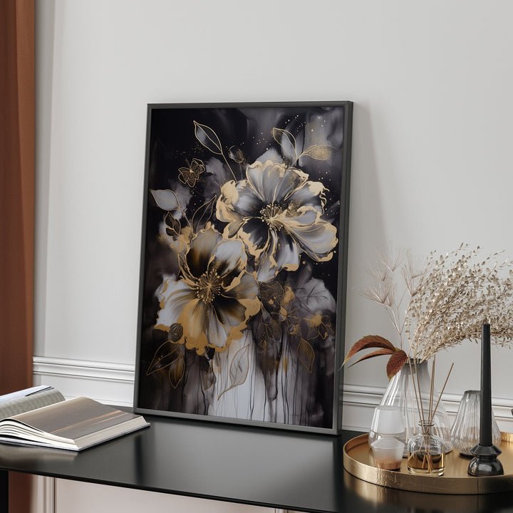 Black & Gold Flowers Wall Art Print | Black and Gold Print