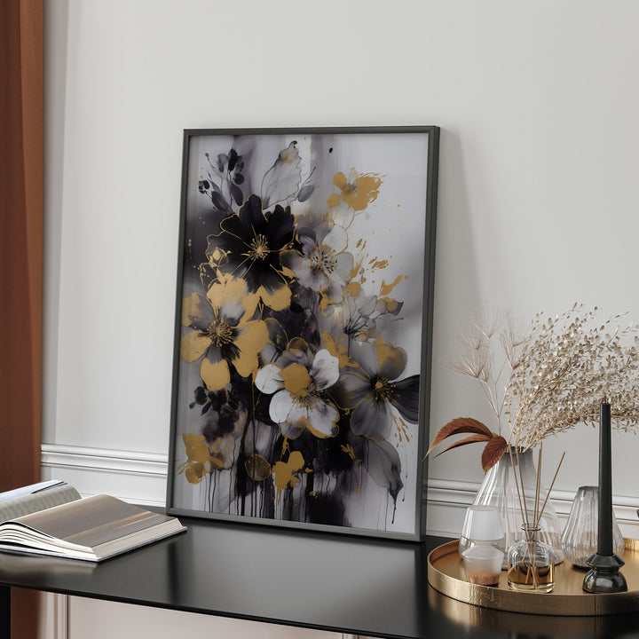 Black & Gold Floral Wall Art Print | Black and Gold Print