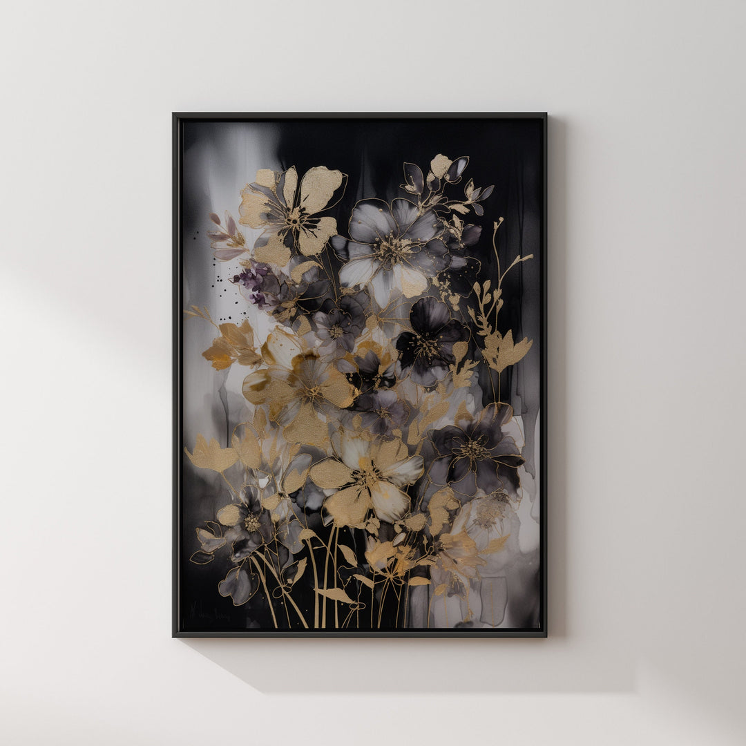 Black & Gold Floral Wall Art Print | Black and Gold Print | Flowers