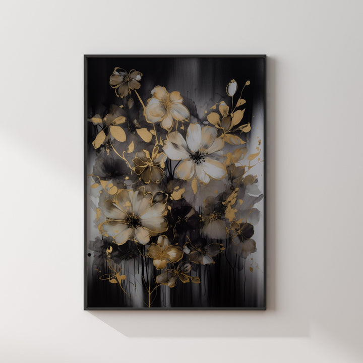 Black & Gold Floral Wall Art Print | Black and Gold Print | Flowers