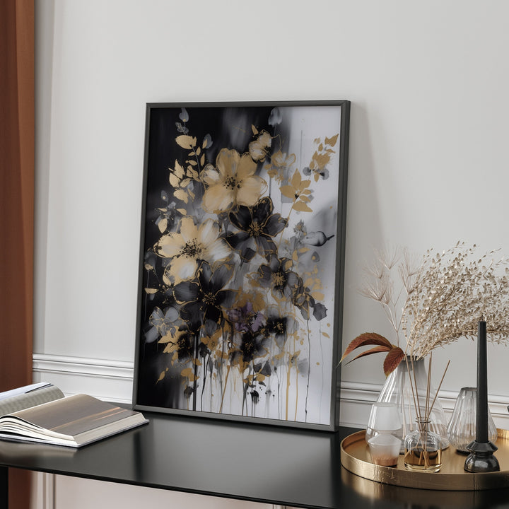 Black & Gold Floral Wall Art Print | Black and Gold Print | Flowers