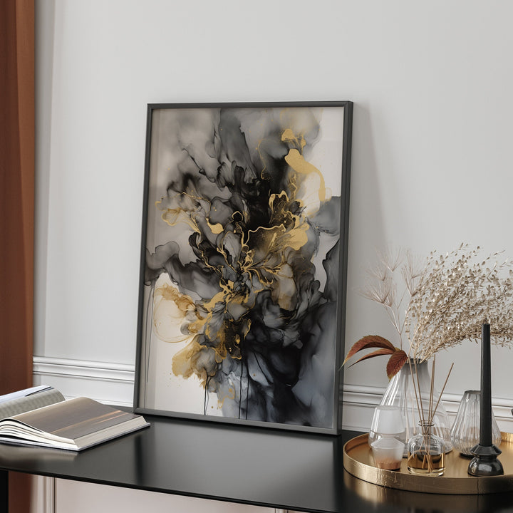 Black & Gold Watercolor Ink Wall Art Print | Black and Gold Print |