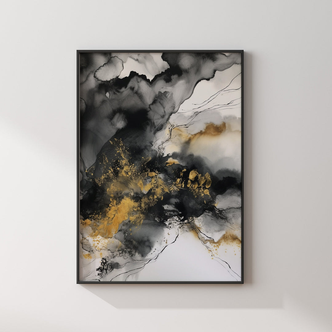 Black & Gold Watercolor Ink Wall Art Print | Black and Gold Print |