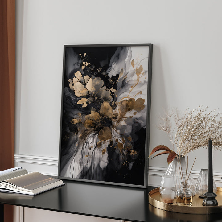 Black & Gold Melted Ink Flowers Wall Art Print | Black and Gold Print |