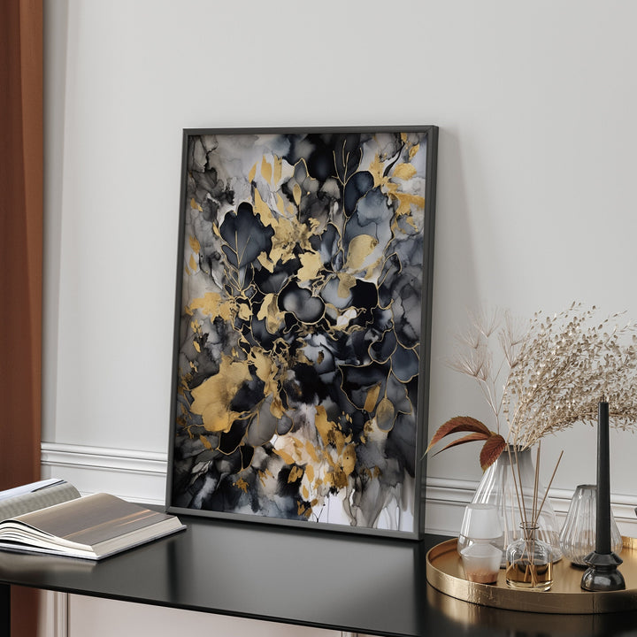 Black & Gold Dispersed Ink Wall Art Print | Black and Gold Print |