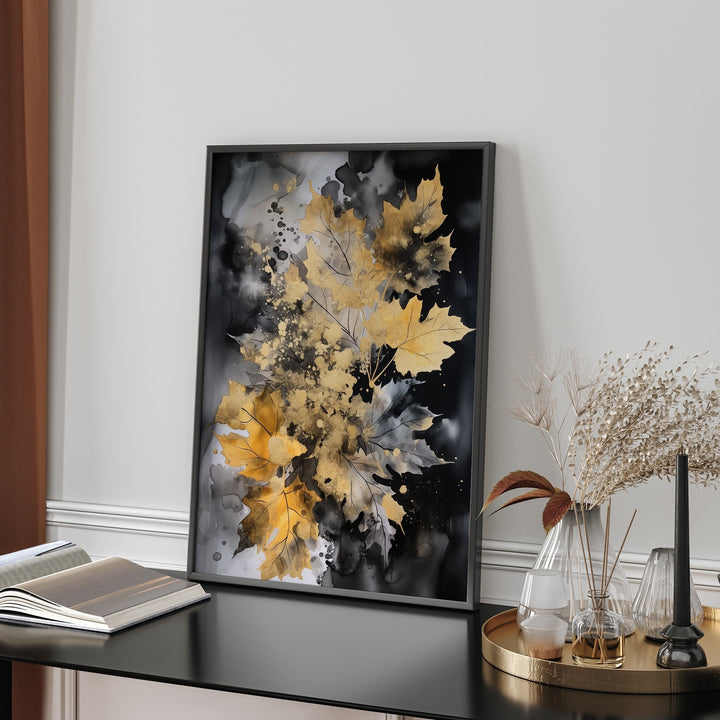 Black & Gold Leaves Wall Art Print | Black and Gold Print |
