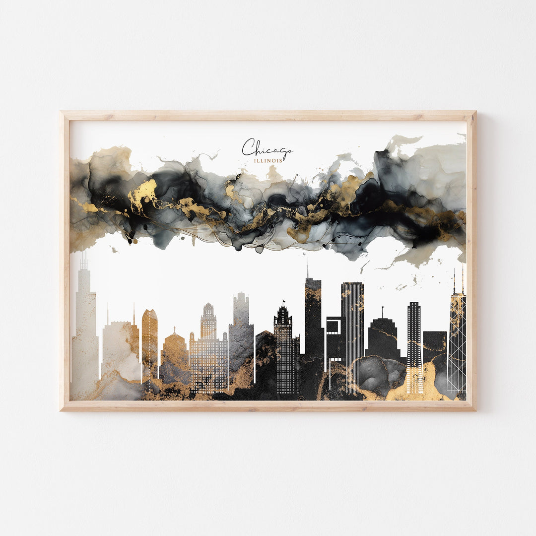 Chicago Skyline Black & Gold Wall Art Print | Illinois | USA | United States of America