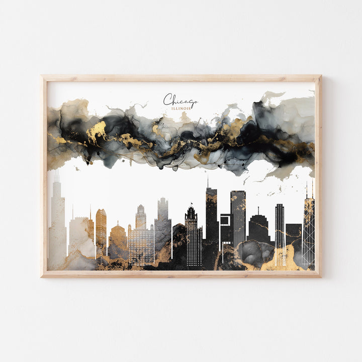 Chicago Skyline Black & Gold Wall Art Print | Illinois | USA | United States of America