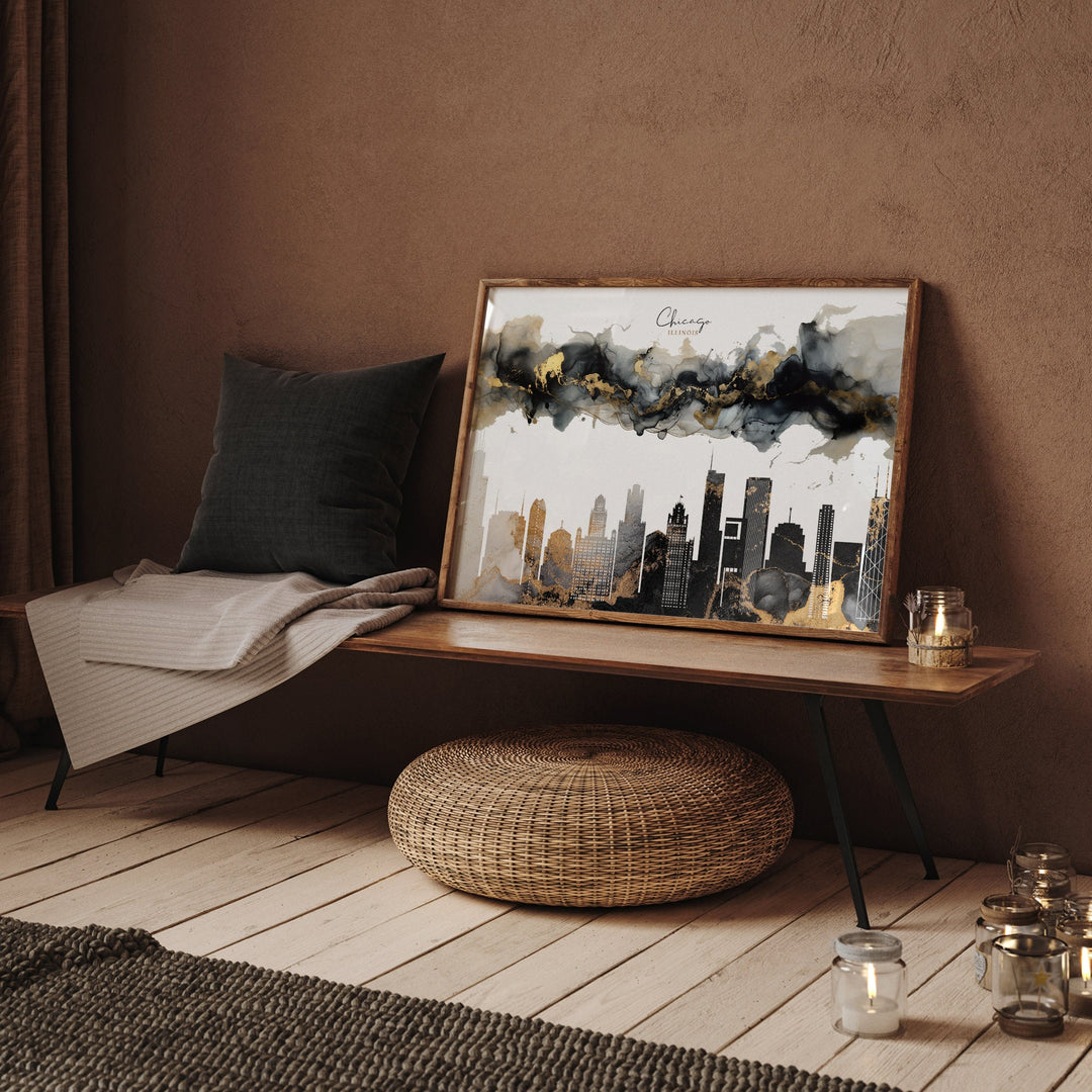 Chicago Skyline Black & Gold Wall Art Print | Illinois | USA | United States of America