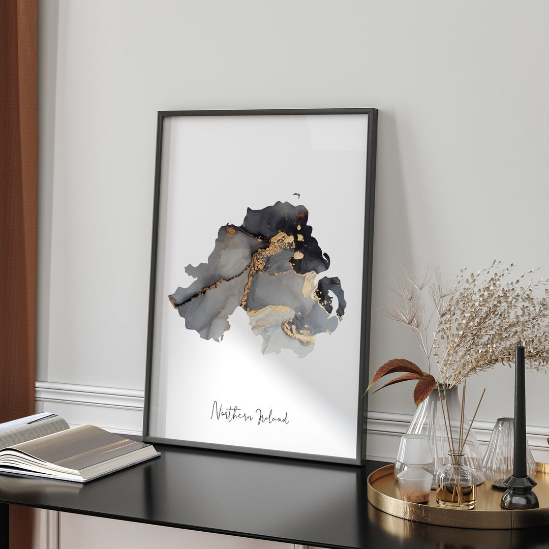 Northern Ireland Map Black & Gold Wall Art Print | United Kingdom | Great Britain