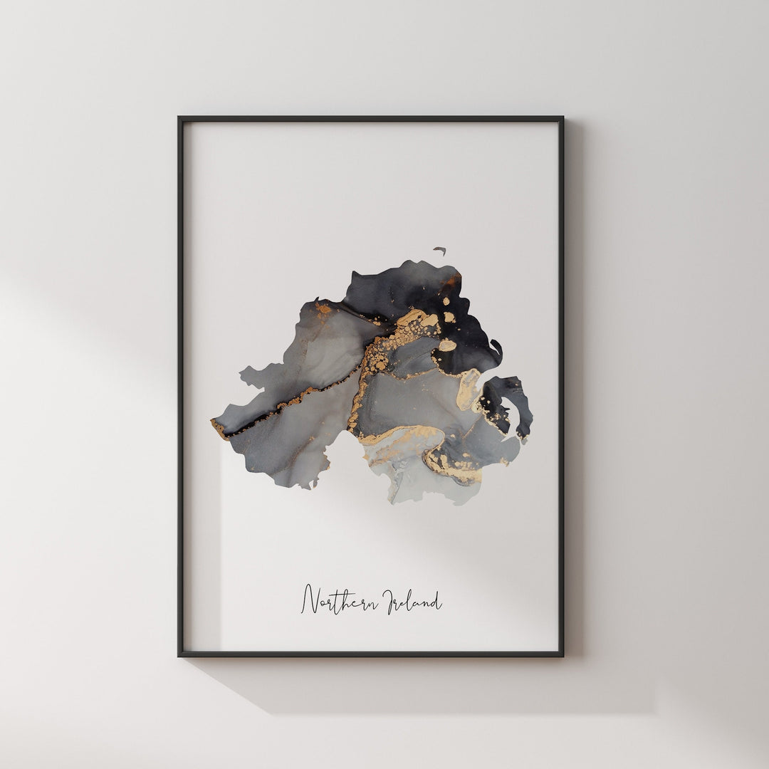 Northern Ireland Map Black & Gold Wall Art Print | United Kingdom | Great Britain
