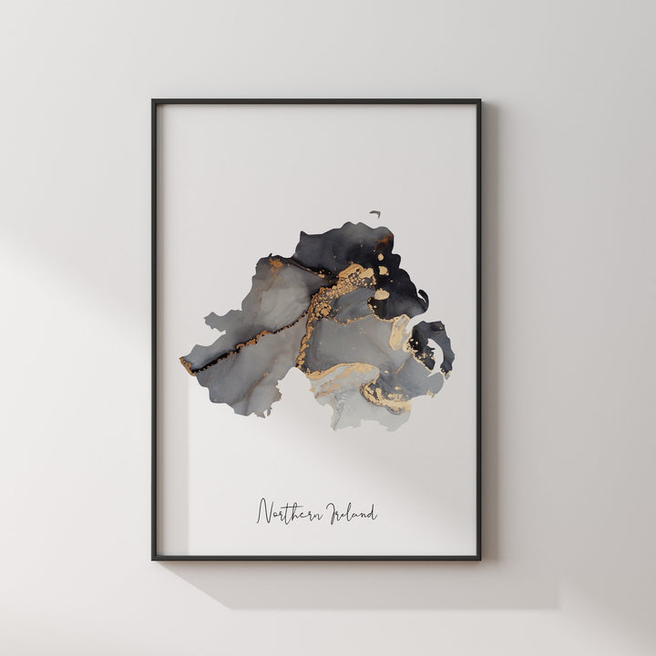 Northern Ireland Map Black & Gold Wall Art Print | United Kingdom | Great Britain