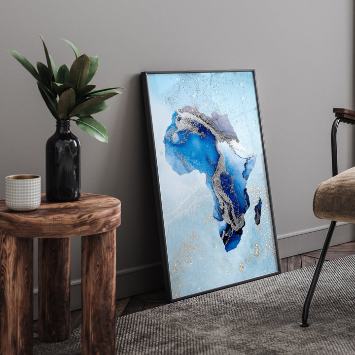 Africa Map Shades of Blue & Silver Wall Art Print