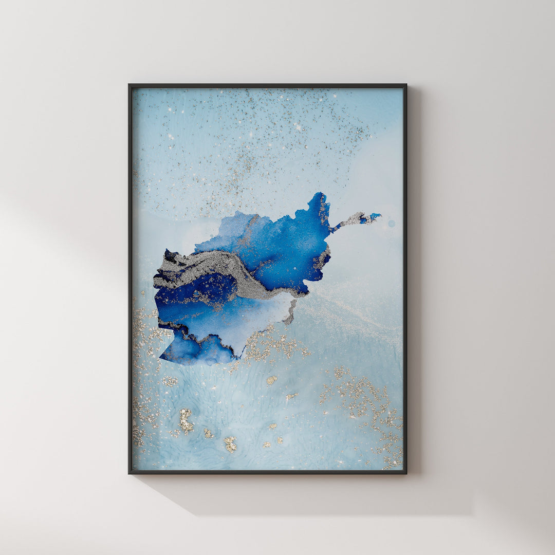 Afghanistan Map Shades of Blue & Silver Wall Art Print