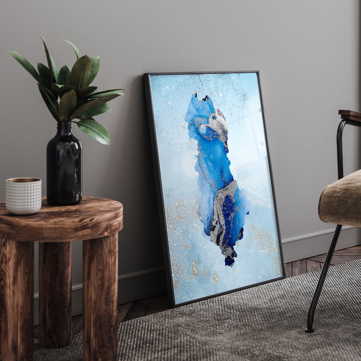Albania Map Shades of Blue & Silver Wall Art Print