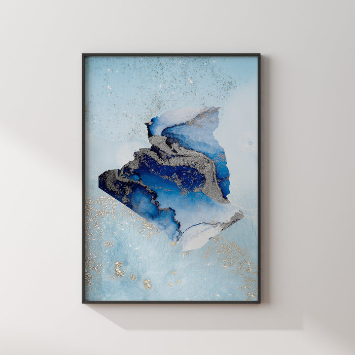 Algeria Map Shades of Blue & Silver Wall Art Print