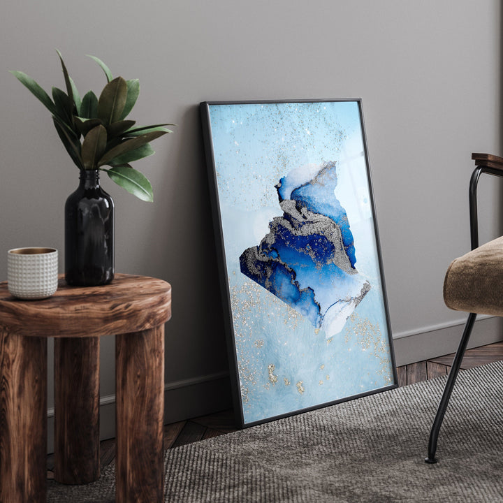 Algeria Map Shades of Blue & Silver Wall Art Print