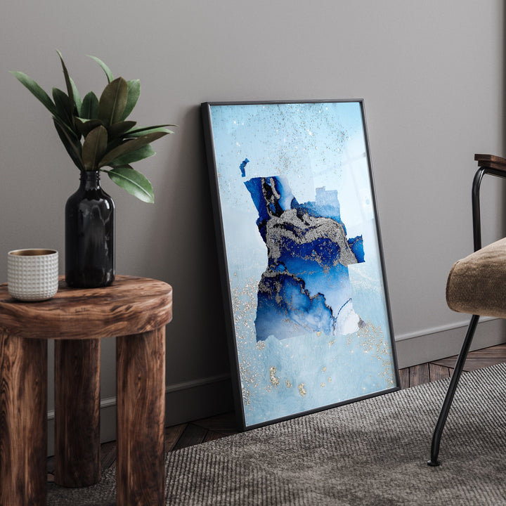 Angola Map Shades of Blue & Silver Wall Art Print