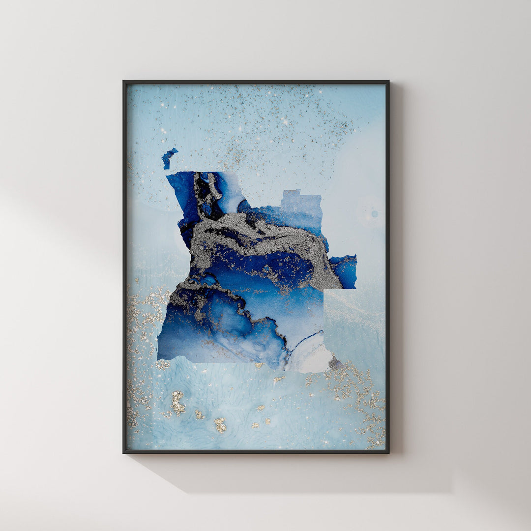Angola Map Shades of Blue & Silver Wall Art Print