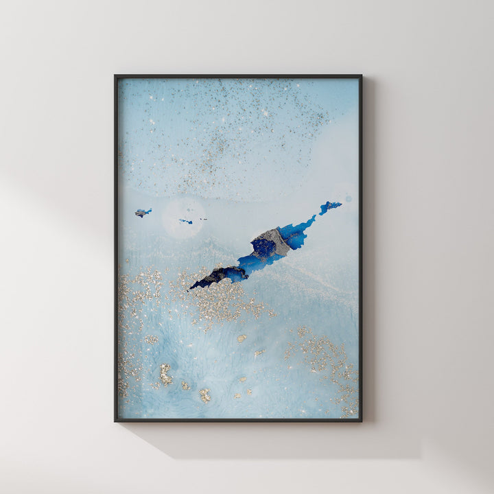 Anguilla Map Shades of Blue & Silver Wall Art Print