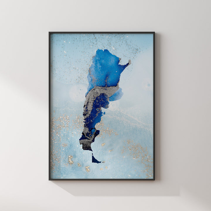 Argentina Map Shades of Blue & Silver Wall Art Print