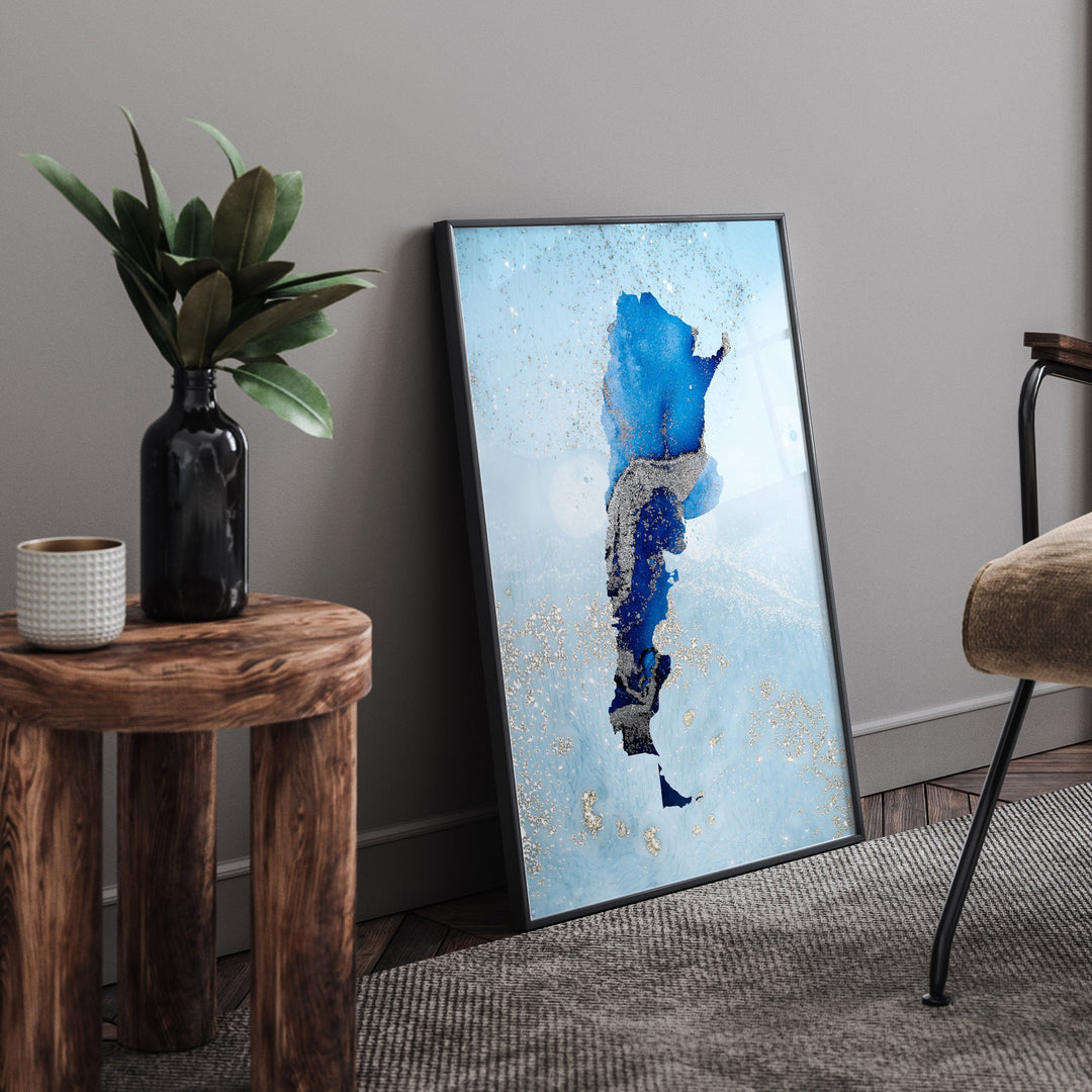 Argentina Map Shades of Blue & Silver Wall Art Print