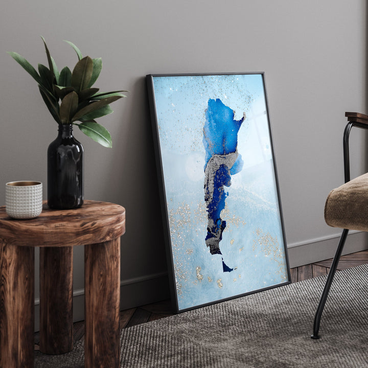 Argentina Map Shades of Blue & Silver Wall Art Print