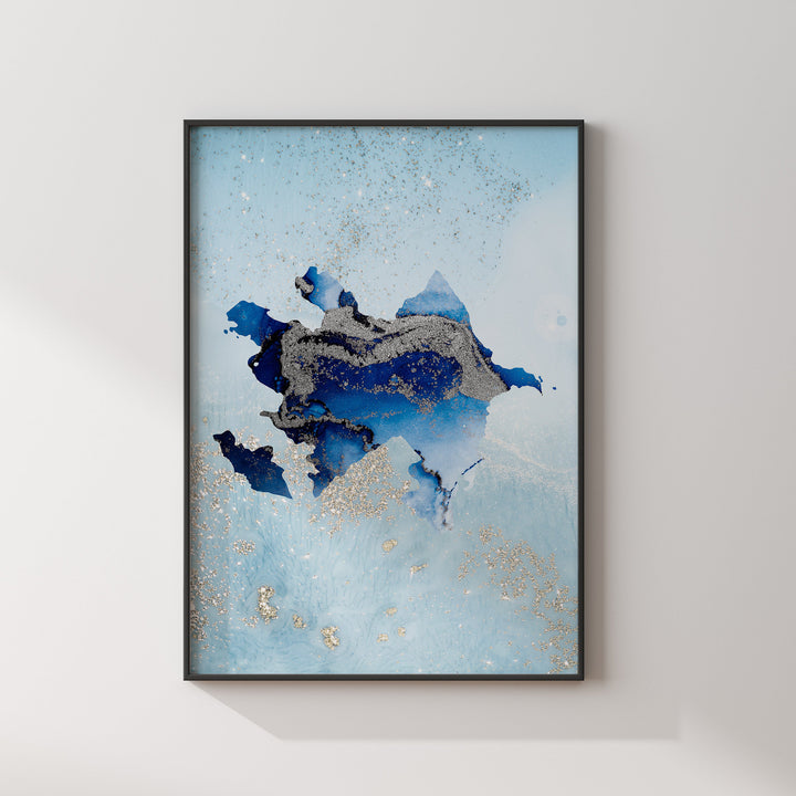 Azerbaijan Map Shades of Blue & Silver Wall Art Print