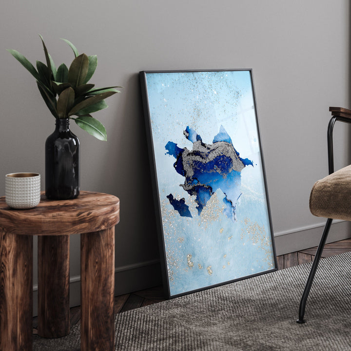 Azerbaijan Map Shades of Blue & Silver Wall Art Print