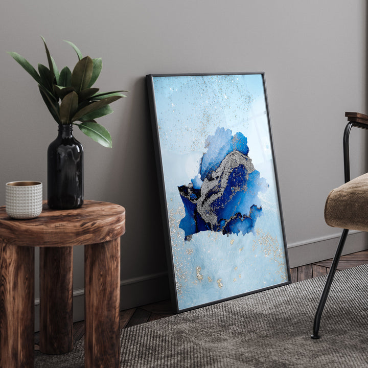 Belarus Map Shades of Blue & Silver Wall Art Print