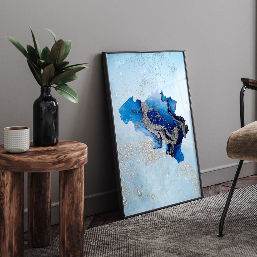 Belgium Map Shades of Blue & Silver Wall Art Print