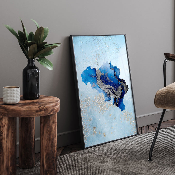 Belgium Map Shades of Blue & Silver Wall Art Print