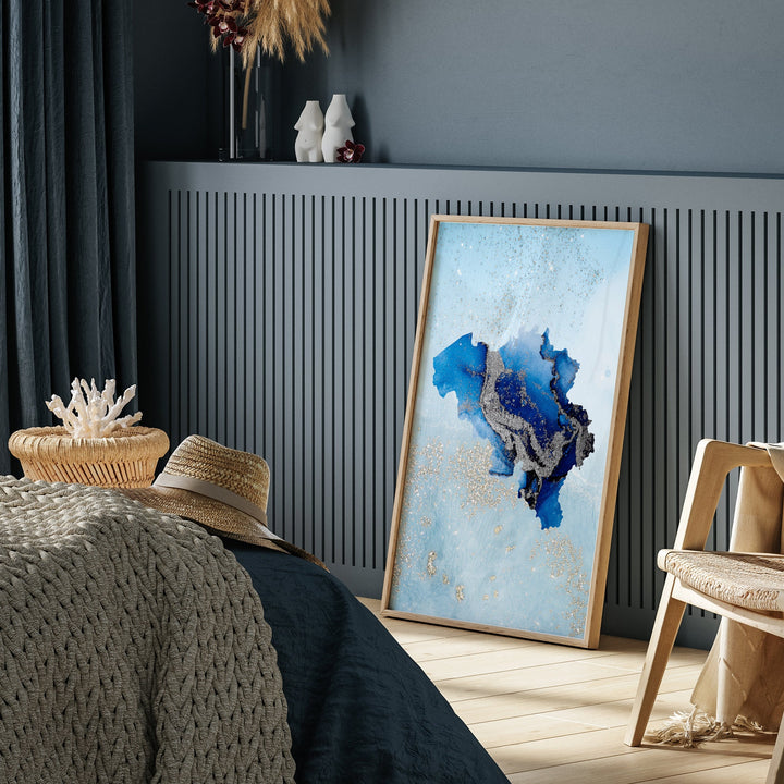 Belgium Map Shades of Blue & Silver Wall Art Print