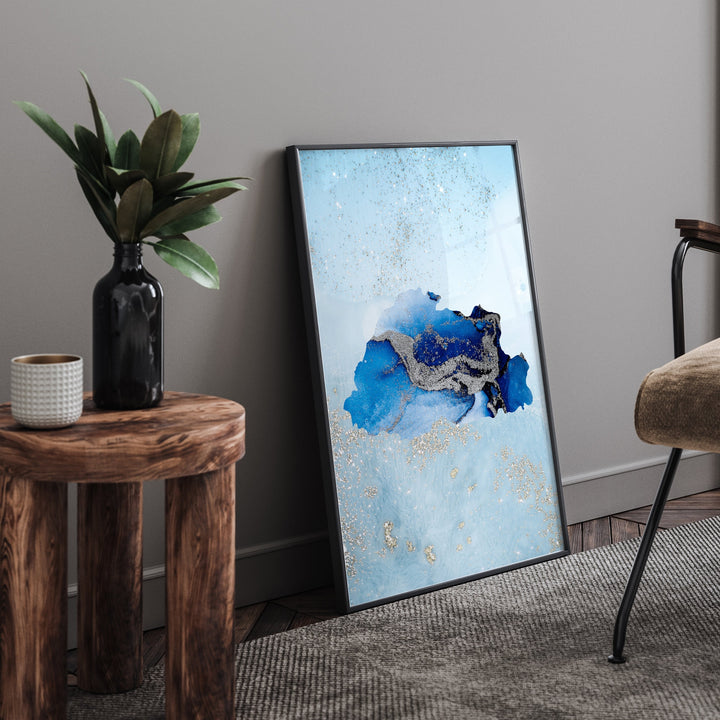 Bhutan Map Shades of Blue & Silver Wall Art Print