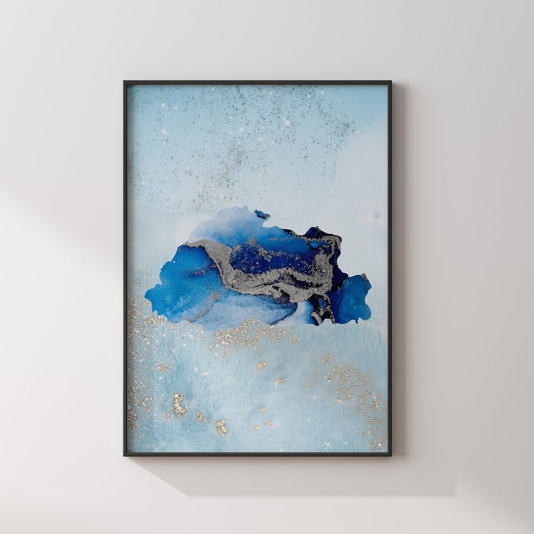 Bhutan Map Shades of Blue & Silver Wall Art Print